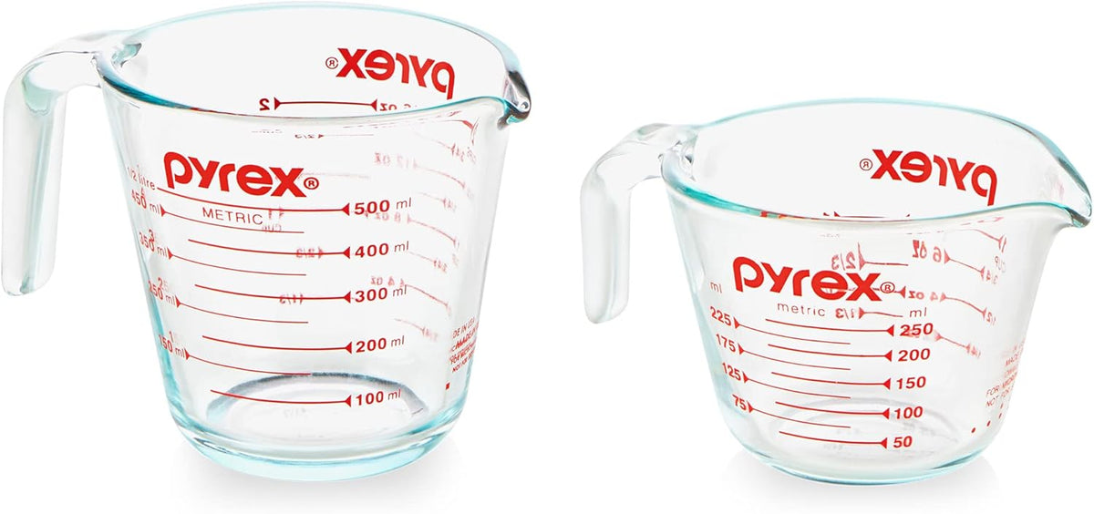 Pyrex Essentials (2-Pack) Glass Measuring Cups Set, (1 & 2 Cup) Measuring Cups For Prepping, Baking and Cooking, Preheated Oven, Dishwasher, Freezer