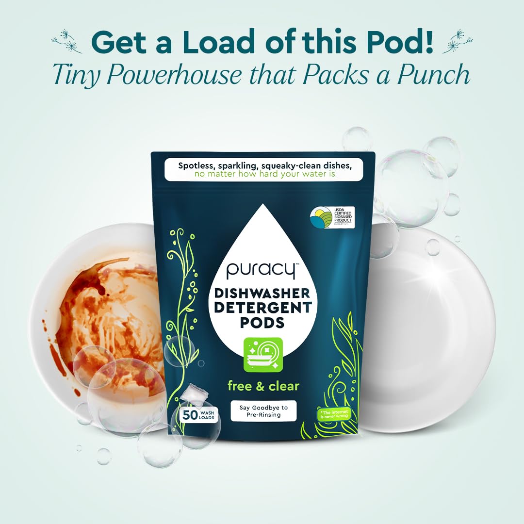 Puracy Dishwasher Pods, Natural Dishwasher Detergent, Free & Clear Dish tabs - Enzyme-Powered, Spot & Residue Free - TikTok Trend Items, Must Haves