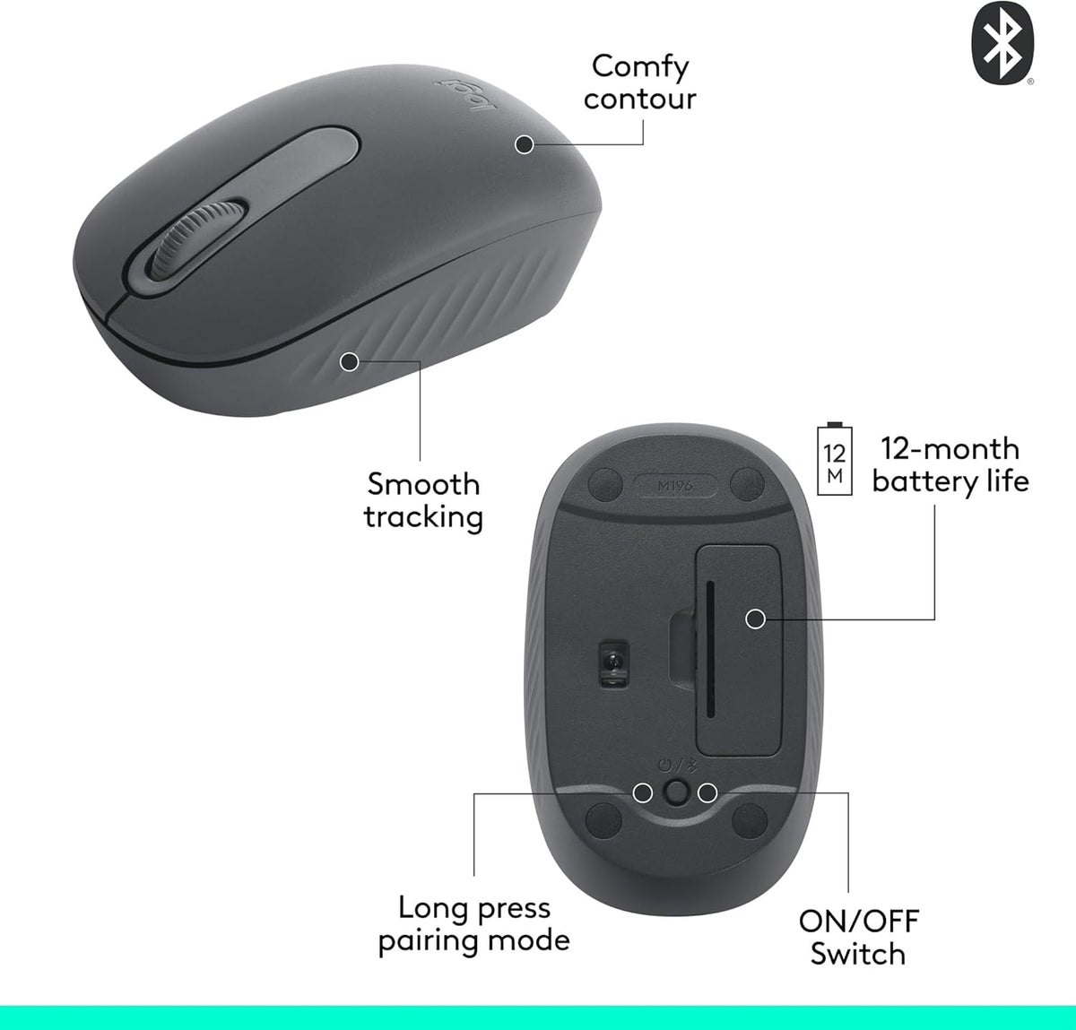 Logitech M196 Bluetooth Wireless Mouse, Compact and Portable Mouse for Laptops, Tablets and More, 12-Month Battery, Smooth Tracking, Compatible with