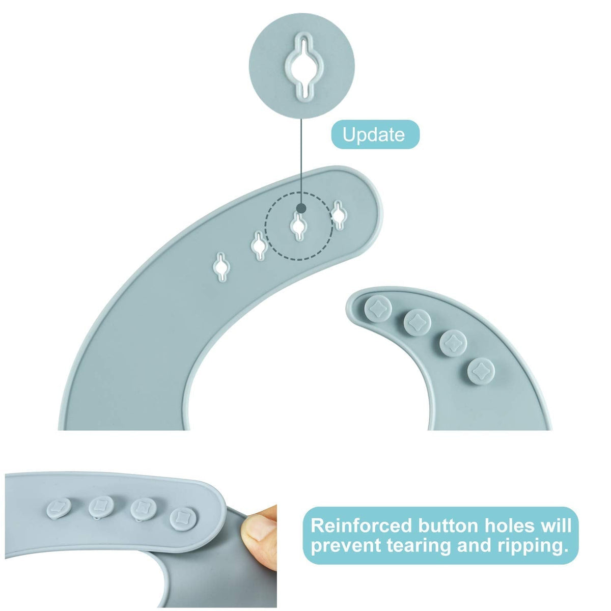 Silicone bib with reinforced button holes