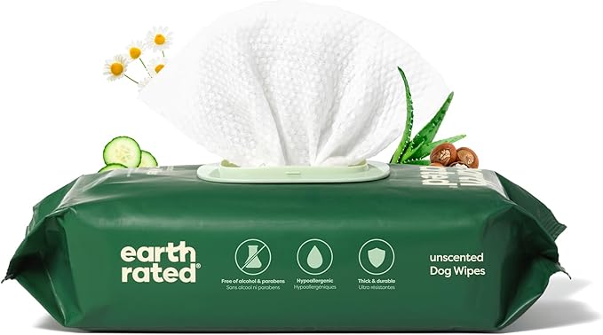 Earth Rated Pet Wipes for Dogs and Cats, Hypoallergenic, Cleaning and Hydrating, for Grooming Paws, Body and Butt, Unscented, 100 Count