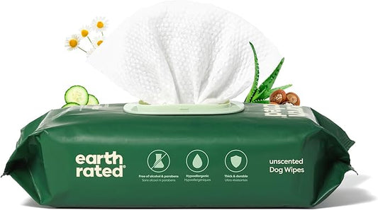 Earth Rated Pet Wipes for Dogs and Cats, Hypoallergenic, Cleaning and Hydrating, for Grooming Paws, Body and Butt, Unscented, 100 Count