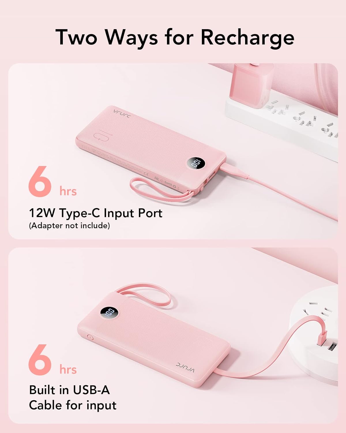 VRURC Portable Charger Power Bank, 10000mAh Travel Essentials Battery Pack, 5 Outputs 2 Inputs Slim Charging Bank Built-in Cables Cords Wires