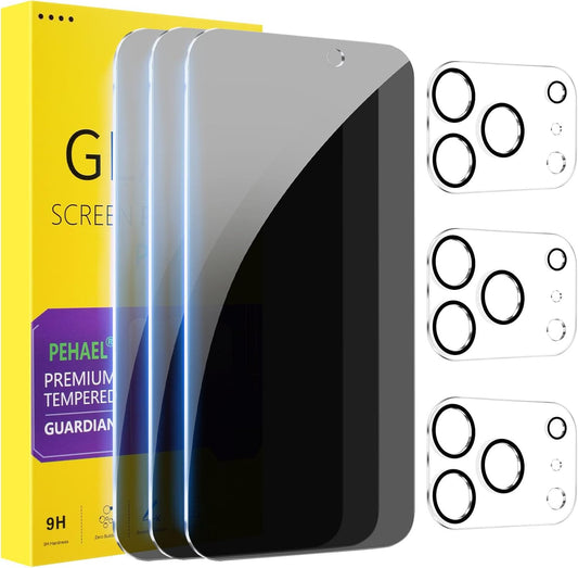 PEHAEL 3+3Pack for iPhone 17 Pro Max Privacy Screen Protector with Camera Lens Protector Full Coverage Anti-Spy Tempered Glass Film 9H Hardness Easy