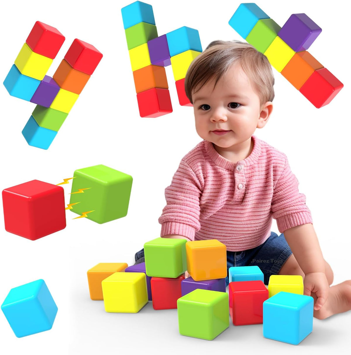 Magnetic Building Blocks Large, 1.65 inch Magnetic Stacking Cubes for Toddlers, Sensory & Montessori Toys for Boys & Girls 1 2 3 Years Old (12 PCS)