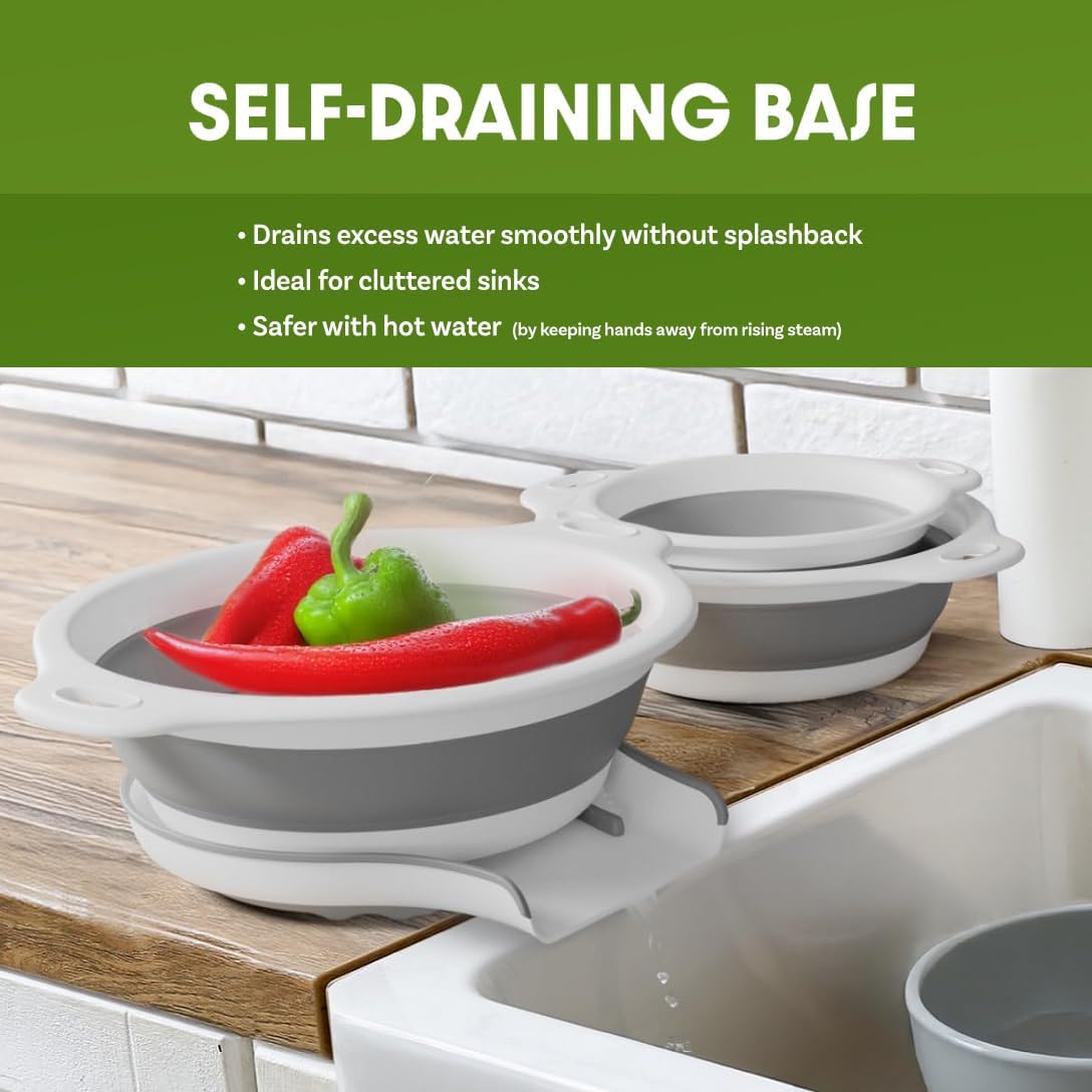 Collapsible Colanders (3 Pack Set) Food Strainers with Over-Sink Water Draining Base for Pasta Fruits and Vegetables (Patent Pending) White (3 Sizes