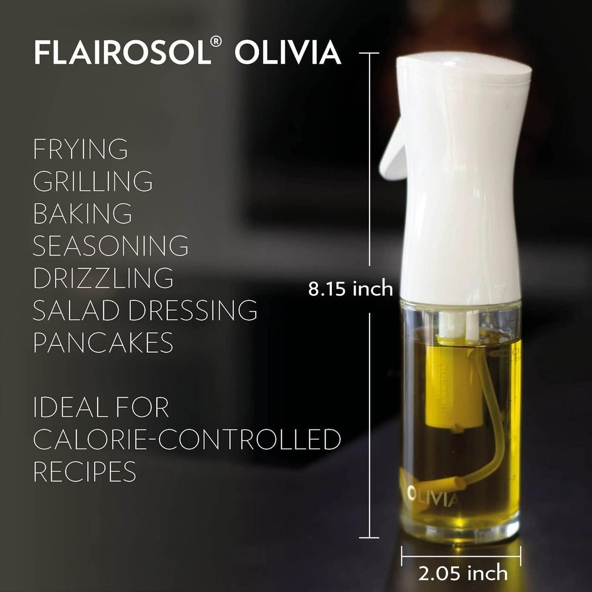 FLAIROSOL OLIVIA. The Original Advanced Oil Sprayer for Cooking, Salads, BBQs and More, Continuous Spray with Portion Control, Trusted by Chefs