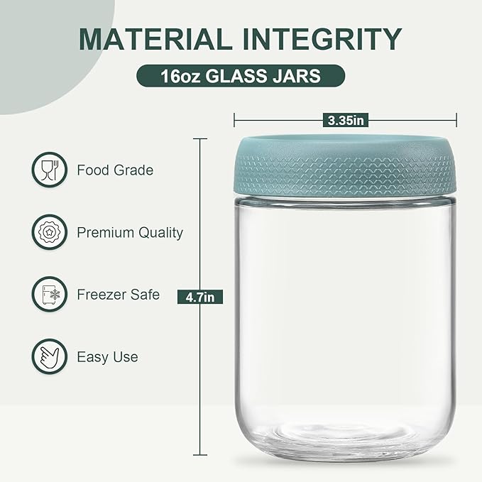 NETANY 6-pack 16 oz Overnight Oats Containers with Lids, Glass jars with Airtight Lids, Wide mouth Mason Salad jars, Glass Food Storage Containers