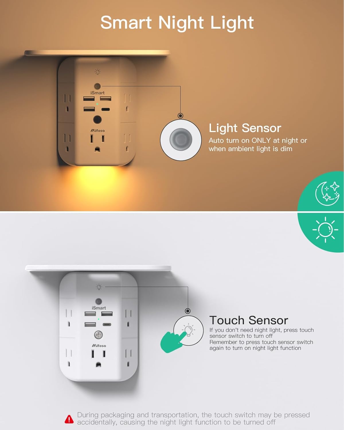 Mifaso 3-Sided Multi Plug Power Strip, Wall Extender with Shelf, Night Light & Surge Protector, USB Wall Charger with 5 AC Wide Space Outlets and 3