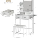 Small Vanity Desk with Mirror and Lights, Makeup Vanity with Fabric Storage Drawer, Chair and Three Shelves, White Vanity with Power Outlet and