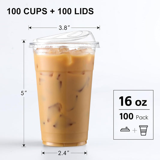 AOZITA 100 Pack - Clear 16 Oz Plastic Cups With Lids, Disposable Iced Coffee Cups With Lids for Party Drinks, Bubble Tea and Cold Beverage, BPA Free