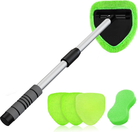 XINDELL 29-inch Windshield Cleaner Tool – Car Interior Window Cleaning Kit with Extended Long Handle & 4 Microfiber Pads, Auto Wiper Windshield Brush