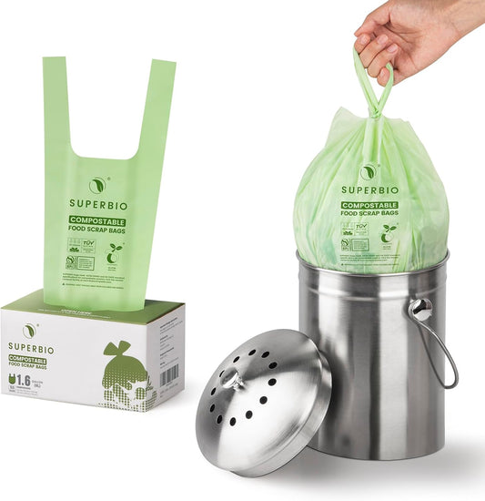 SUPERBIO 1.6 Gallon Handle Tie Compostable Food Scrap Bags For Counter Top Compost Bin, Small Compost Bags, 50 Count, 6 Liter, BPI & OK compost