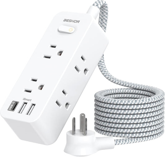 Power Strip Surge Protector, BESHON 5Ft Extension Cord, 6 Outlets with 4 USB Ports (2 USB C Outlet), 3-Side Outlet Extender, Wall Mount, Compact for