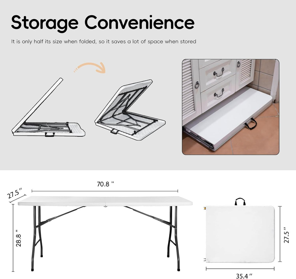 Folding Table 6FT HDPE 6 Foot Foldable Table Portable Banquet Surface Fold-in-Half Desk Utility for Working Meeting Parties, Picnic, Camping