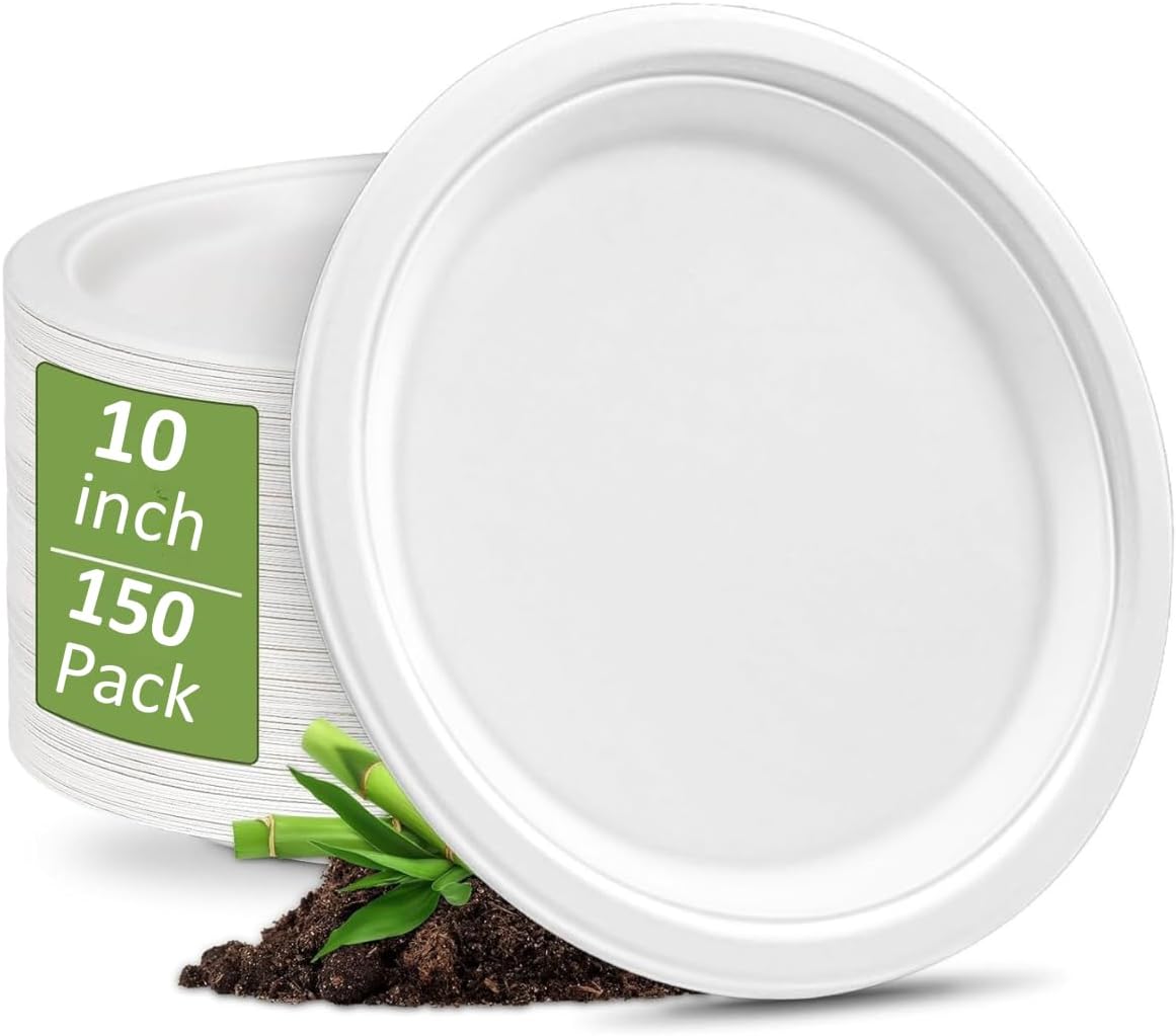100% Compostable 5X Stronger Round 9-Inch 125 Count & 10-Inch 150Count Paper Plates| Disposable Biodegradable Bagasse Microwave-Safe, Soak-Proof, Cut