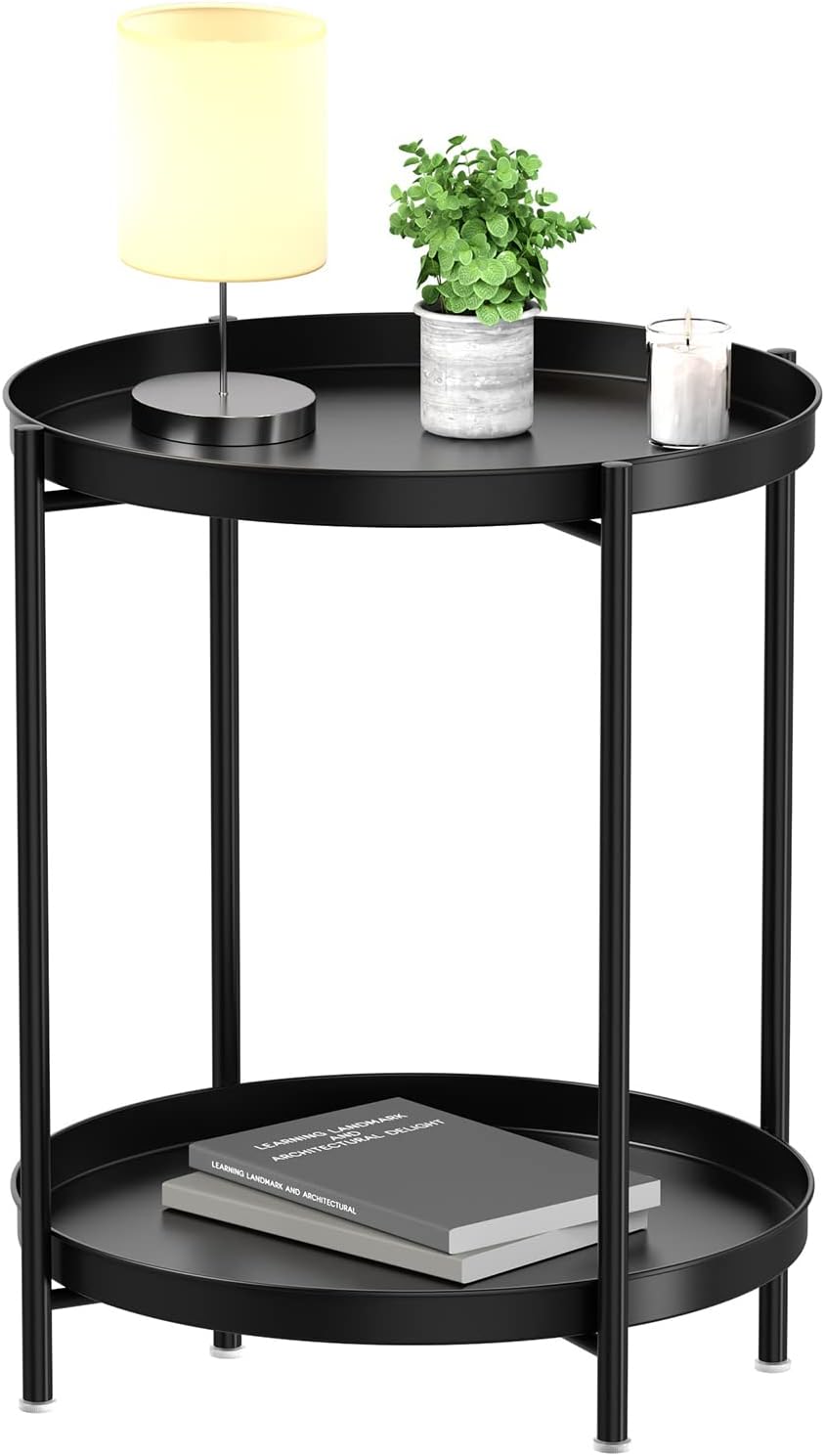 EKNITEY 2 Tier End Table - Metal Side Table Waterproof Small Sofa Coffee Side Tables Bedroom Indoor Outdoor with Removable Tray for Living Room