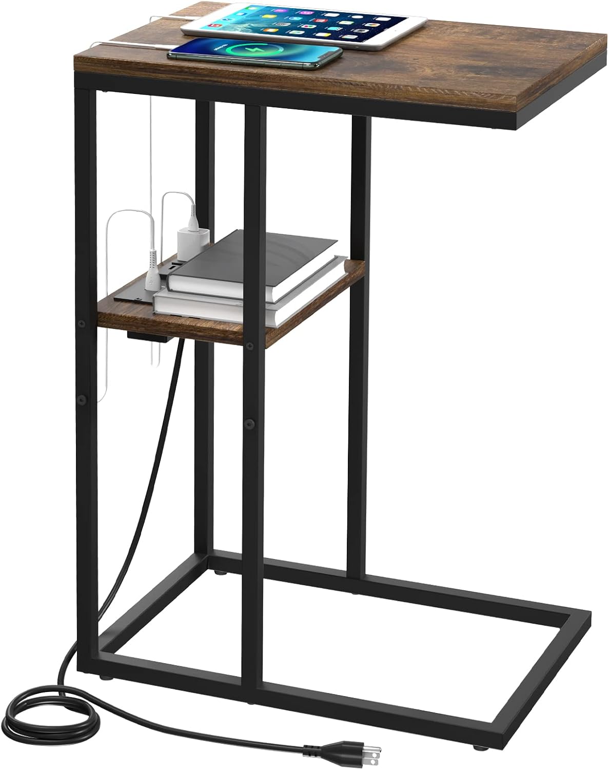 Yoobure C Shaped End Table with Charging Station, Small Side Table for Sofa，26" Tall Tv Tray Couch Table with Storage,Bedside Table with USB Ports