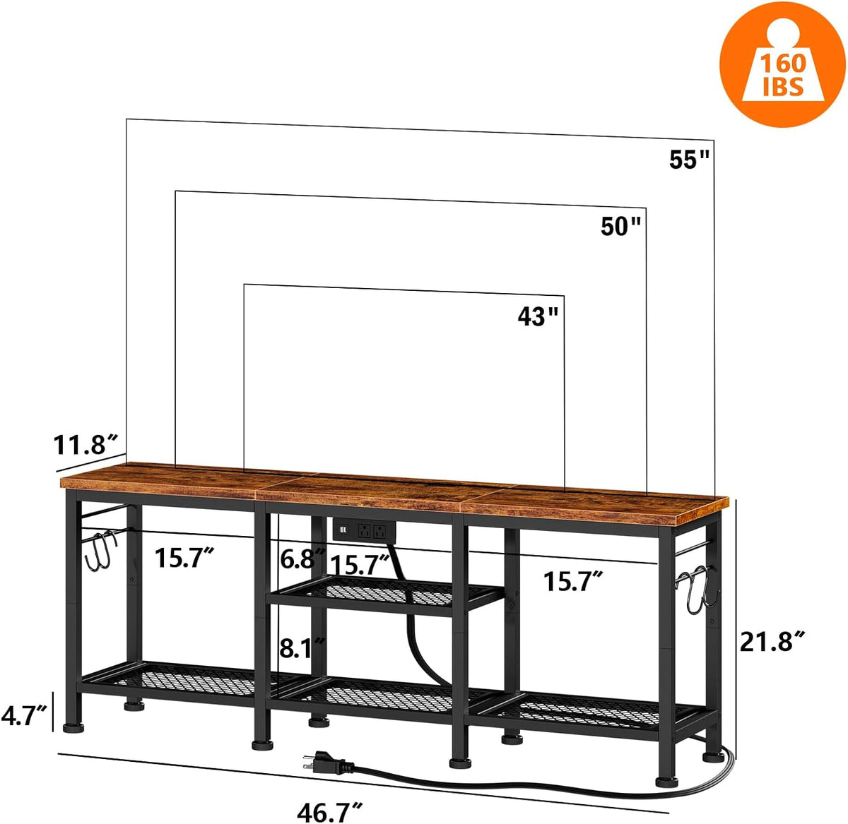 Furologee TV Stand with Power Outlets, Entertainment Center with Open Storage Shelves for TVs up to 55 Inch, Media Console Table with Soundbar Shelf