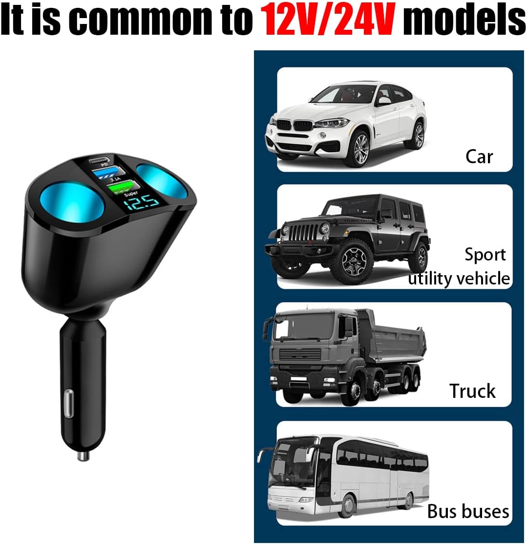 Car Cigarette Lighter Splitter, 2-Socket Cigarette Lighter Adapter with LED Voltmeter, Dual USB QC3.0 Type-C 20W PD Fast Car Charger, 12V/24V