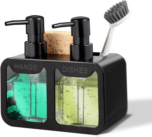Kitchen Soap Dispenser Set, with Hand and Dish Soap, Sponge Caddy and Brush Holder 4-in-1 Kitchen Dual Soap Dispenser Set for Kitchen Sink, Bathroom