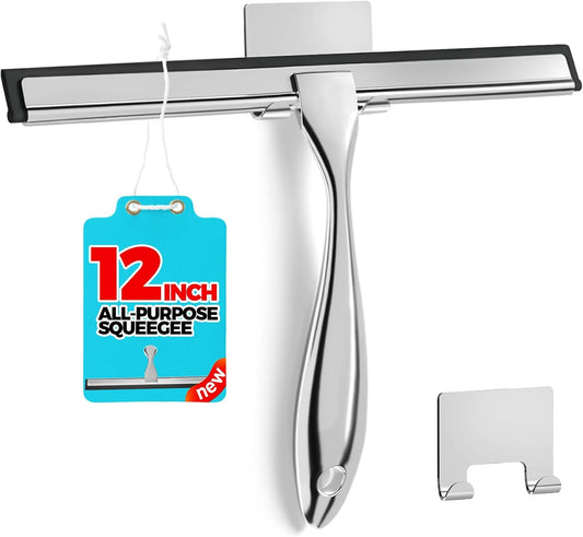 12-Inch All-Purpose Shower Squeegee for Shower Doors, Tile Shower Walls, Bathroom, Window, Glass and Car Windshield, Mirrors and Kitchen-Stainless