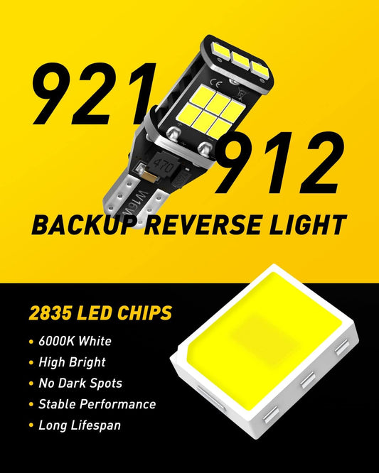 AUXITO 912 921 LED Bulb for Backup Light Reverse Lights High Power 2835 15-SMD Chipsets Error Free T15 906 922 W16W Bulbs, 6000K White, Exterior