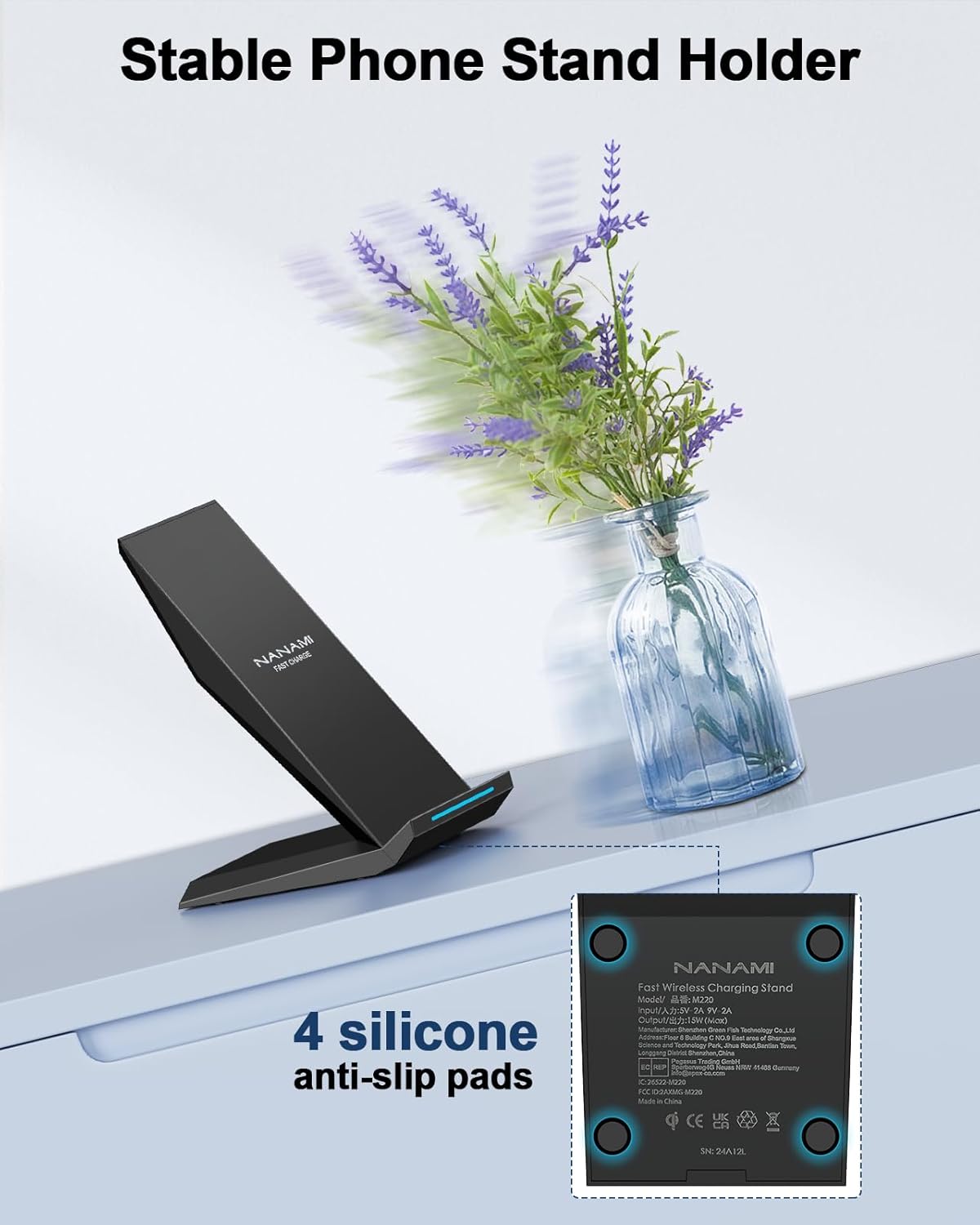 Fast Wireless Charger, NANAMI 15W Qi Certified Wireless Charging Stand Compatible iPhone 16/15/15 Pro/15 Plus/15 Pro Max/14/14 Pro/13/12, for Samsung