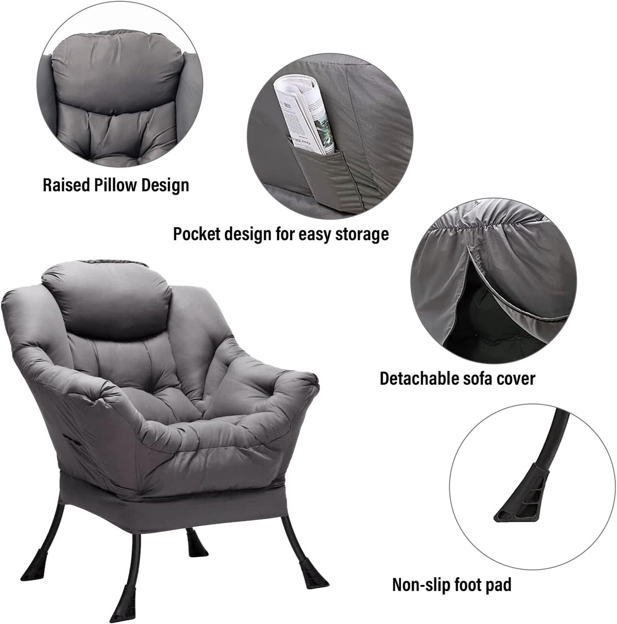 Welnow Lazy Chair with Ottoman, Modern Lounge Accent Chair with Armrests and a Side Pocket, Leisure Sofa Armchair, Reading Armchair with Footrest for
