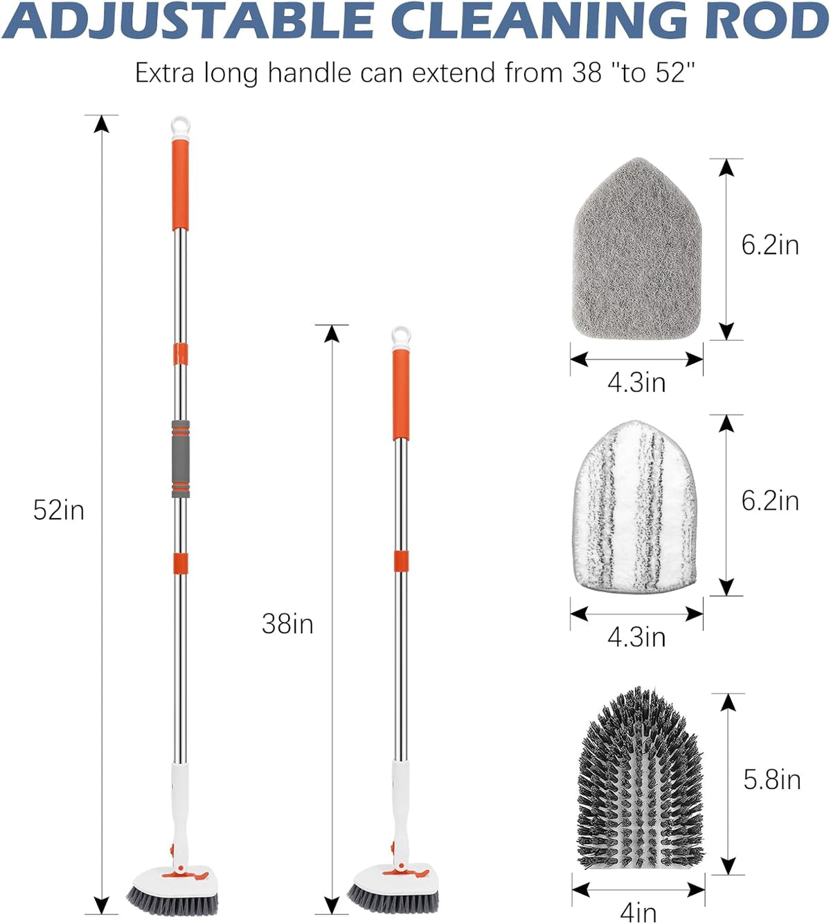 SetSail Floor Scrub Brush, 3-In-1 Tile Tub Floor Scrubber with 52-inch Adjustable Long Handle Shower Cleaner Brush and 3 Detachable Replacement Brush