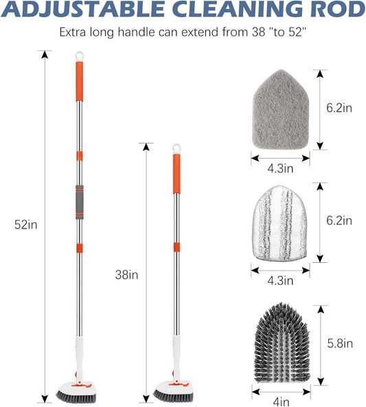 SetSail Floor Scrub Brush, 3-In-1 Tile Tub Floor Scrubber with 52-inch Adjustable Long Handle Shower Cleaner Brush and 3 Detachable Replacement Brush