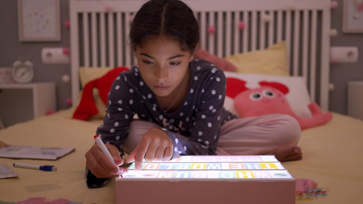 BONNYCO Pink Cinema Light Box with 400 Letters, Emojis, 2 Markers. Led Light Box Home Office and Room Decor, Cinema Led Sign Letters Board. Gifts