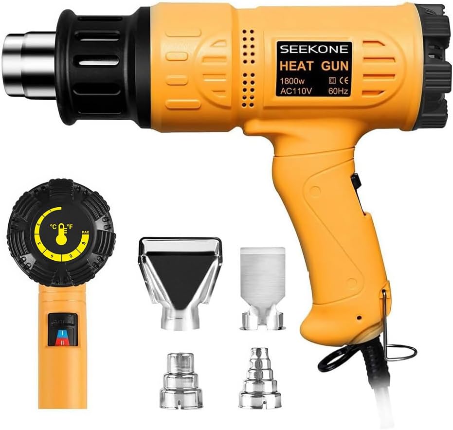 SEEKONE Heat Gun 1800W 122℉-1202℉（50℃- 650℃）Fast Heating Heavy Duty Hot Air Gun Kit Variable Temperature Control Overheat Protection with 4 Nozzles