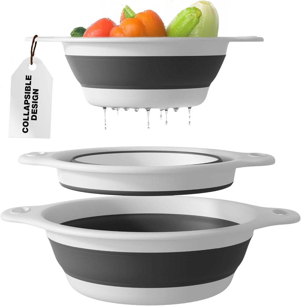 Collapsible Colanders (3 Pack Set) Food Strainers with Over-Sink Water Draining Base for Pasta Fruits and Vegetables (Patent Pending) White (3 Sizes