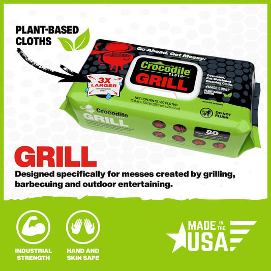 Crocodile Cloth Grill - 80 (15" x 10") Plant-based Cleaning Wipes. Safe on Skin & Multiple Surfaces. Infused with Aloe & Vitamin E. Large