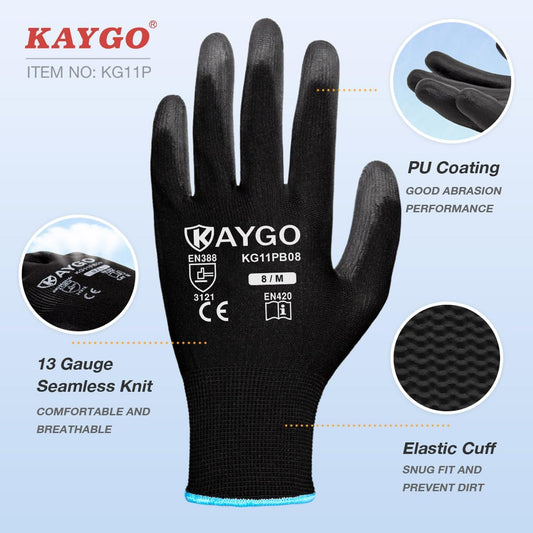 KAYGO Safety Work Gloves PU Coated,12 Pairs KG11PB Seamless Knit Glove for Men and Women, with Smooth Grip on Palm and Fingers, Ideal for General