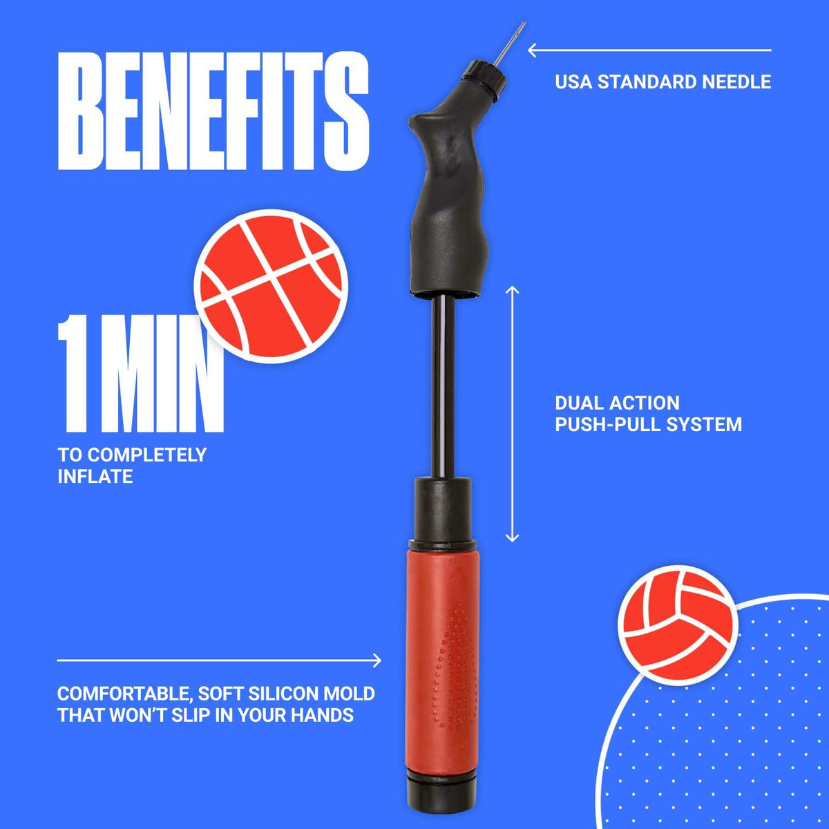 SPORTBIT Ball Pump for Sports Balls - Push & Pull Inflating System - Hand Pump for All Exercise Balls - Volleyball Pump, Basketball Inflator