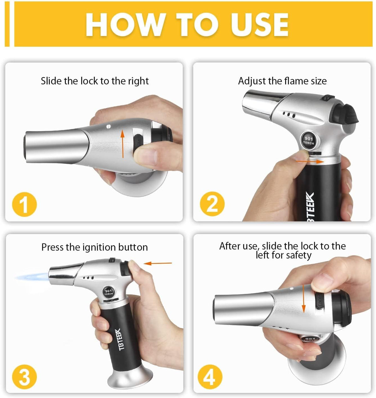 TBTEEK Butane Torch, Kitchen Torch Cooking Torch with Safety Lock & Adjustable Flame for Cooking, BBQ, Baking, Brulee, Creme, DIY Soldering(Butane
