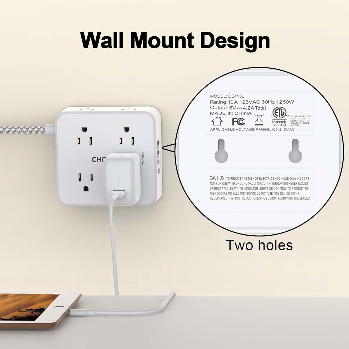 Surge Protector Power Strip - CHCORE 5Ft Braided Extension Cord with 8 Outlets with 4 USB (2 USB C) Charging Ports, Flat Plug Multi Plug Outlet