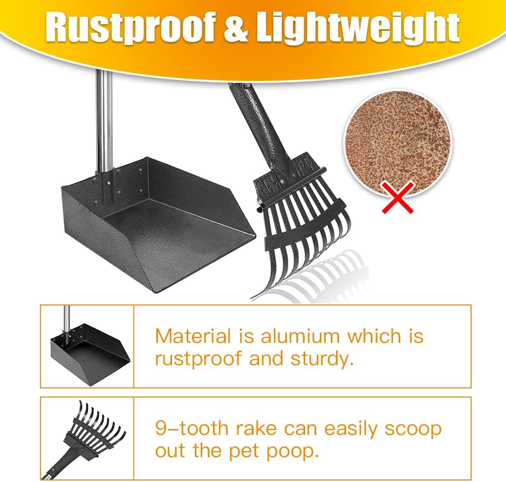 TOOGE Pooper Scooper, Dog Pooper Scooper Long Handle Stainless Metal Tray and Rake for Medium Small Dogs Heavy Duty Pet Supplies to Use for Grass
