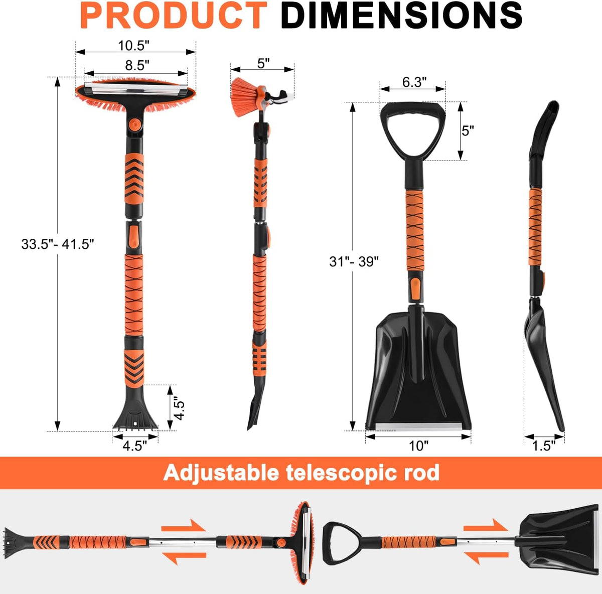 Car Snow Brush Snow Shovel Kit, 42'' Extendable Ice Scrapers and Snow Brushes for Car Windshield with Foam Grip 180° Pivoting Brush Head Snow