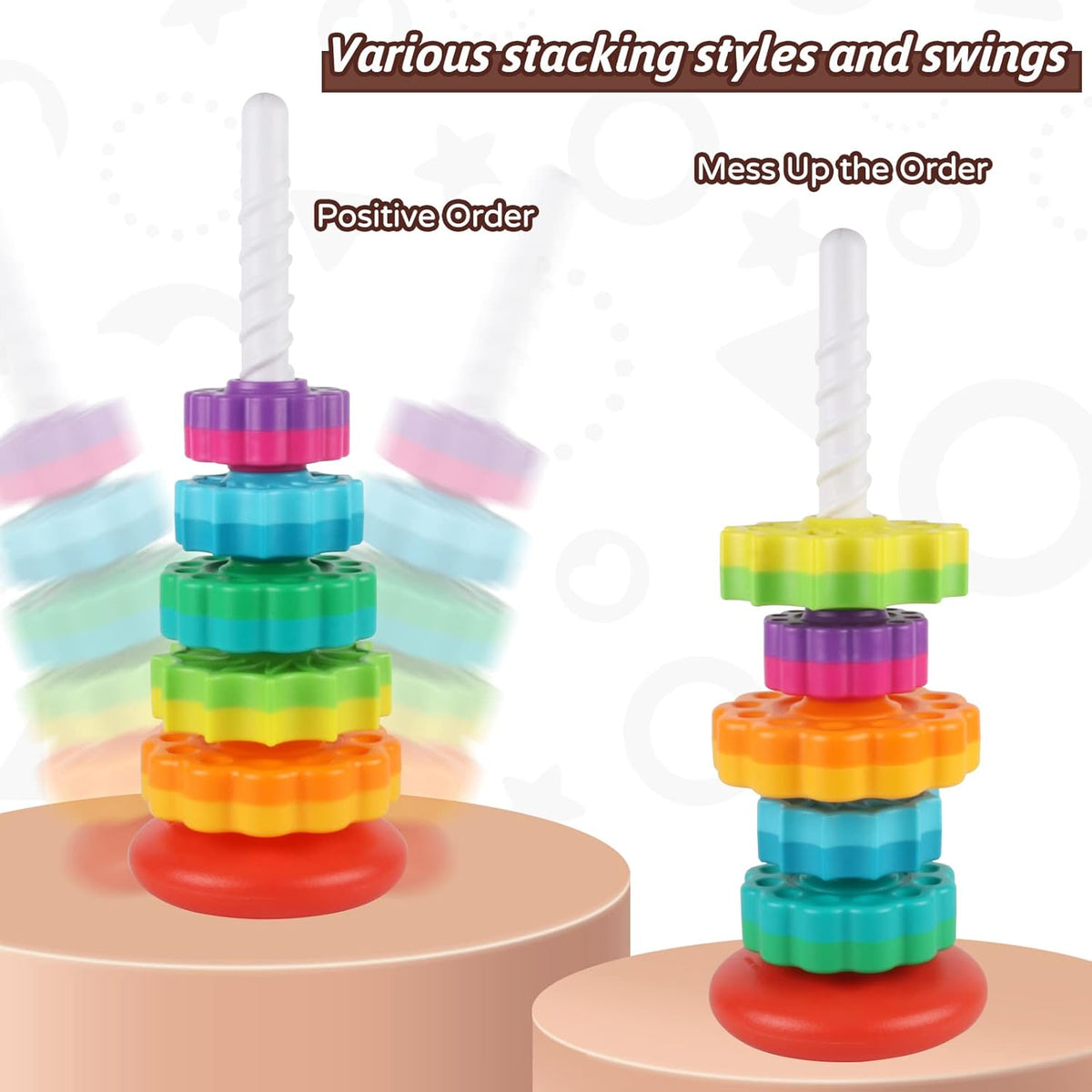 Baby Spinning Stacking Toys for Toddlers 1-3, Rainbow Ring Stacker Montessori Toys for Babies 6-12 Months, 1 2 3 One Year Old Girl Boy Birthday