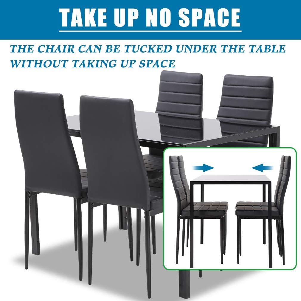 FDW | 5-Piece Dining Table Set | Black | Glass Kitchen Table with 4 Upholstered Chairs and Faux Leather Cushions | Space-Saving and Modern Design