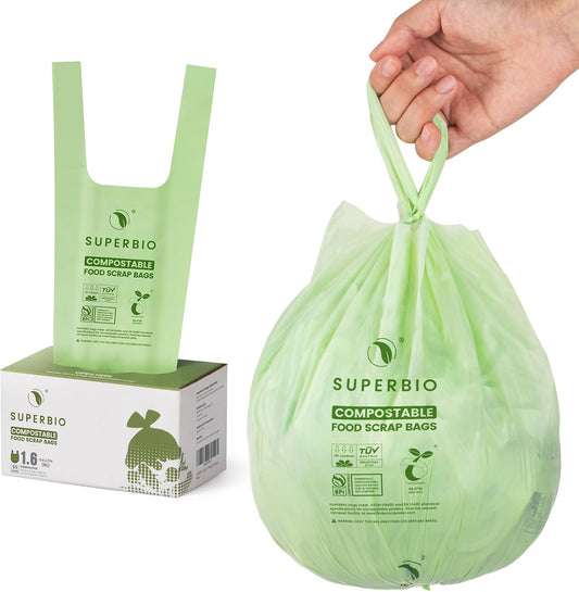 SUPERBIO 1.6 Gallon Handle Tie Compostable Food Scrap Bags For Counter Top Compost Bin, Small Compost Bags, 50 Count, 6 Liter, BPI & OK compost