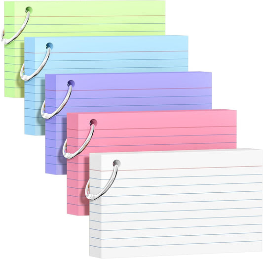 250 Count Colored Index Cards 3x5 Inch with Key Ring, 180gsm Heavy Weight Flash Cards 5 Color (50 Sheets Each), Portable Note Taking for Students