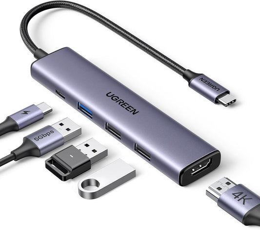 UGREEN Revodok 105 USB C Hub 5 in 1 Multiport Adapter 4K HDMI, 100W Power Delivery, 3 USB-A Data Ports, USB C Dongle for MacBook Pro/Air, iPad Pro