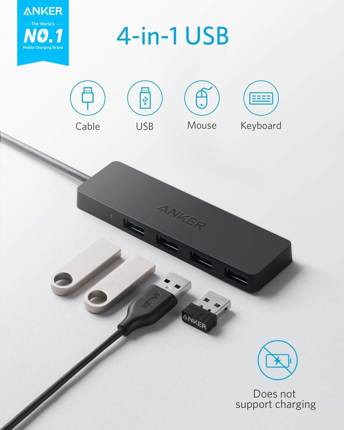 Anker USB Hub 4 Ports, Multiple USB 3.0 Hub, USB Splitter for Laptop, Extender for A Port Laptop, PC, Desktop and More [Charging Not Supported](2ft