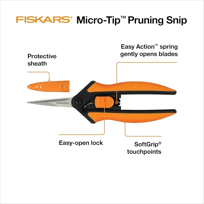 Fiskars Micro-Tip Pruning Snips - 6" Garden Shears with Sheath and Comfort Grip - Sharp Steel Blades - Quality Pruning Shears for Plants in Grow Tents and Hydroponics - Garden Tools - Cart Shape