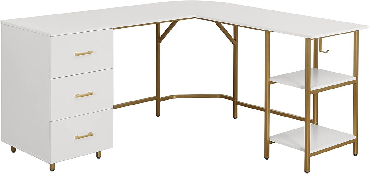 Techni Mobili L Shaped Desk - Two-Toned Computer Desk with Drawers & Storage Shelves - Simple Modern Furniture & Home Office Space Corner Table for