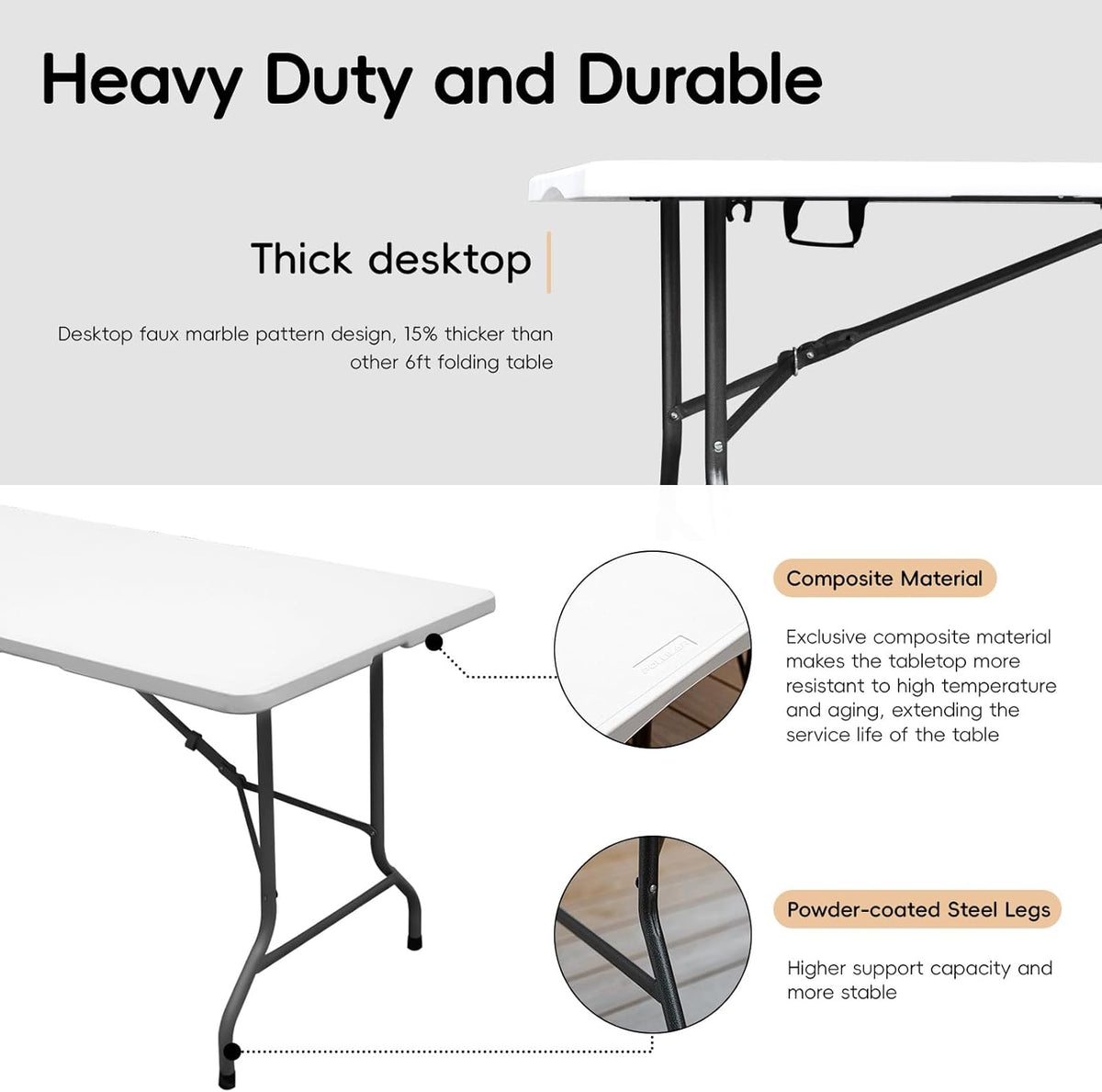 Folding Table 6FT HDPE 6 Foot Foldable Table Portable Banquet Surface Fold-in-Half Desk Utility for Working Meeting Parties, Picnic, Camping